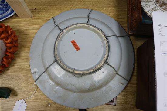 An English delftware blue and white dish, 14in. and a pearlware teapot